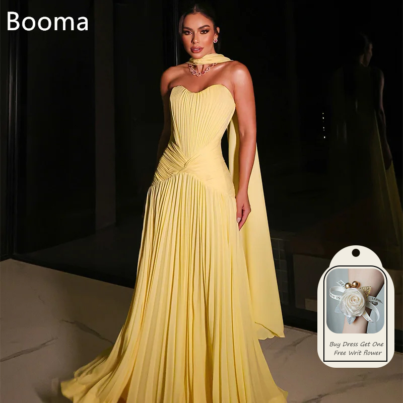 Booma A ラインプリーツイエローイブニングドレスノースリーブストラップレスフォーマルドレス女性のためのエレガントなウエディングドレスカスタムメイド 2025