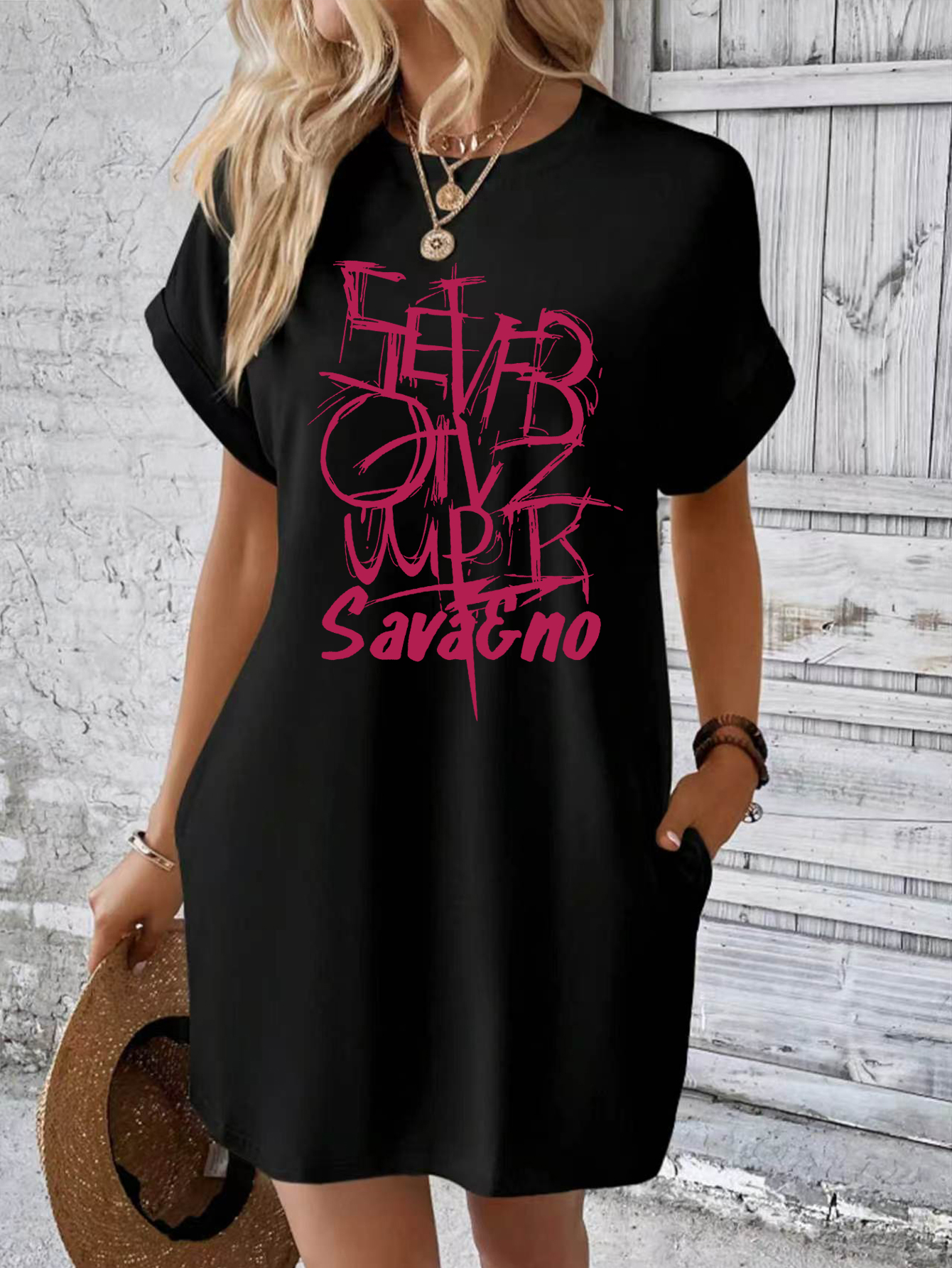 黒サベージグラフィティレターグラフィック Tシャツドレス女性カジュアルルーズポケット半袖ミニドレスストリートドレス