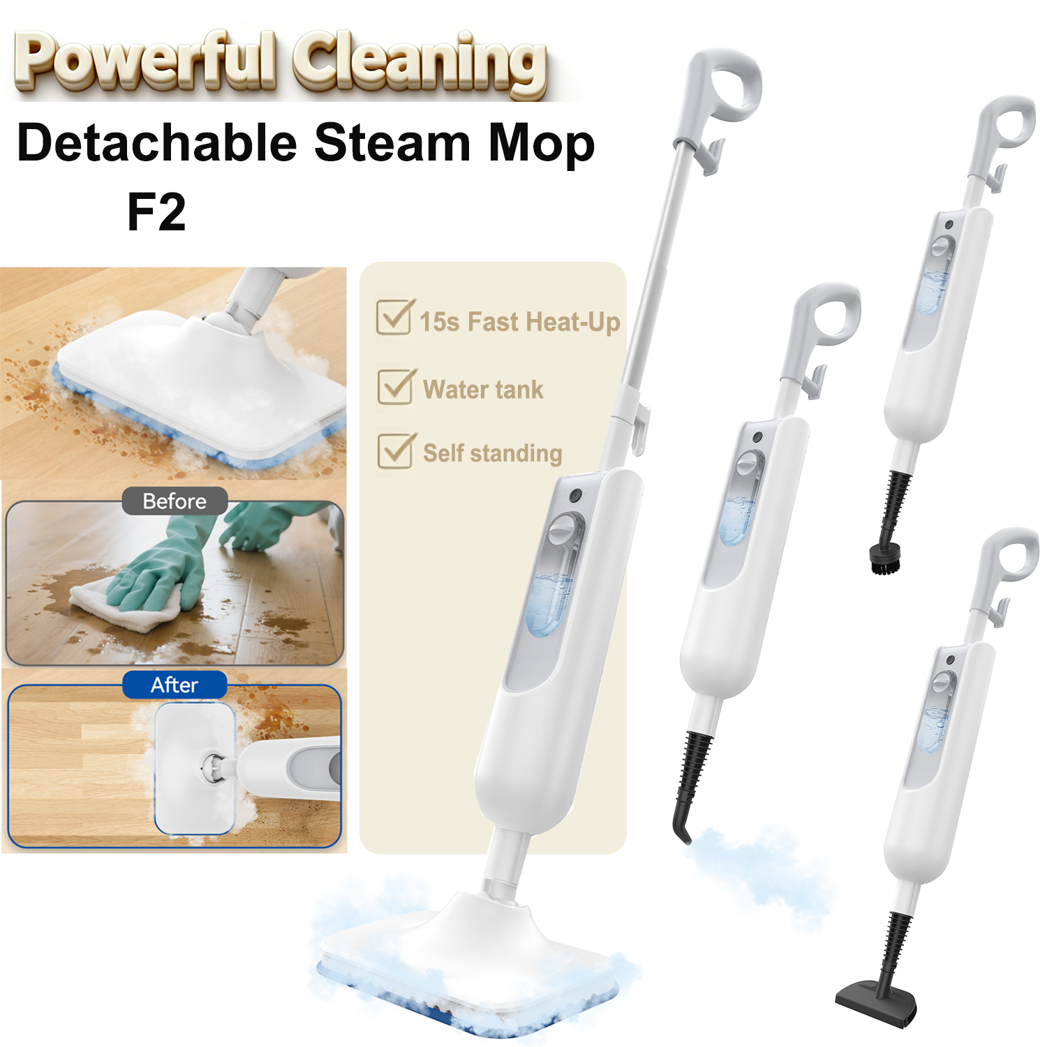 Vastorm スチームモップ 強力 6 in 1 ハンドヘルド スクラビング スチーム Vacmop 取り外し可能 床スチーム クリーナー 高温 堅木張りの床 大理石の床 キッチン カーペット用-F2