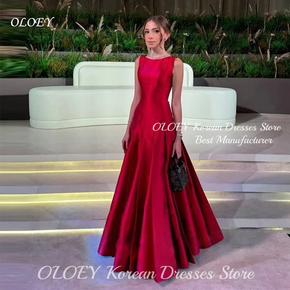 OLOEY シンプルな A ラインサテンレッドイブニングドレスカスタマイズアラビア女性スクープネックロングパーティーフォーマルガウンヴィンテージウエディングドレス