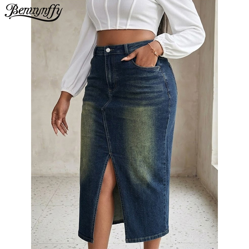 Benuynffy プラスサイズハイウエストフロントスプリットデニムミディスカート女性の新しいファッションヴィンテージストリート洗浄ボディコンジーンズスカート