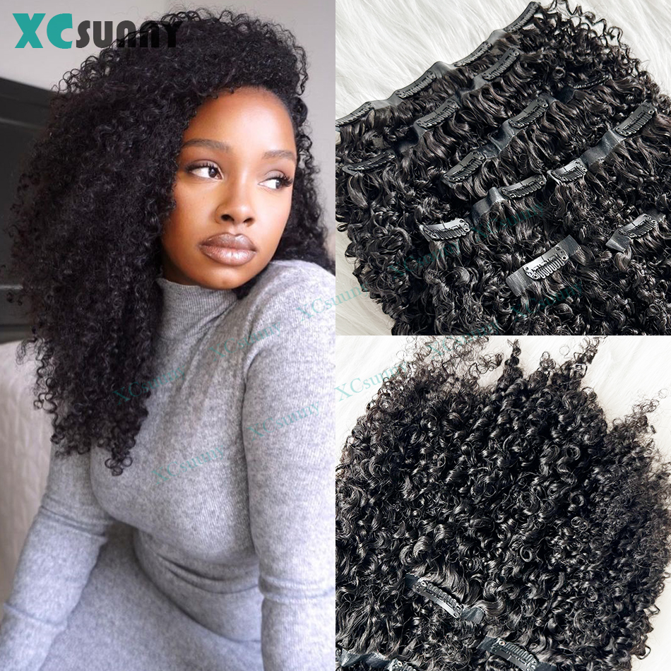 Kinky Curly PU Clip Ins Human Hair 200g Seamless Clip In Human Hair Extensions Double Drawn Skin Weft Clip In For Women