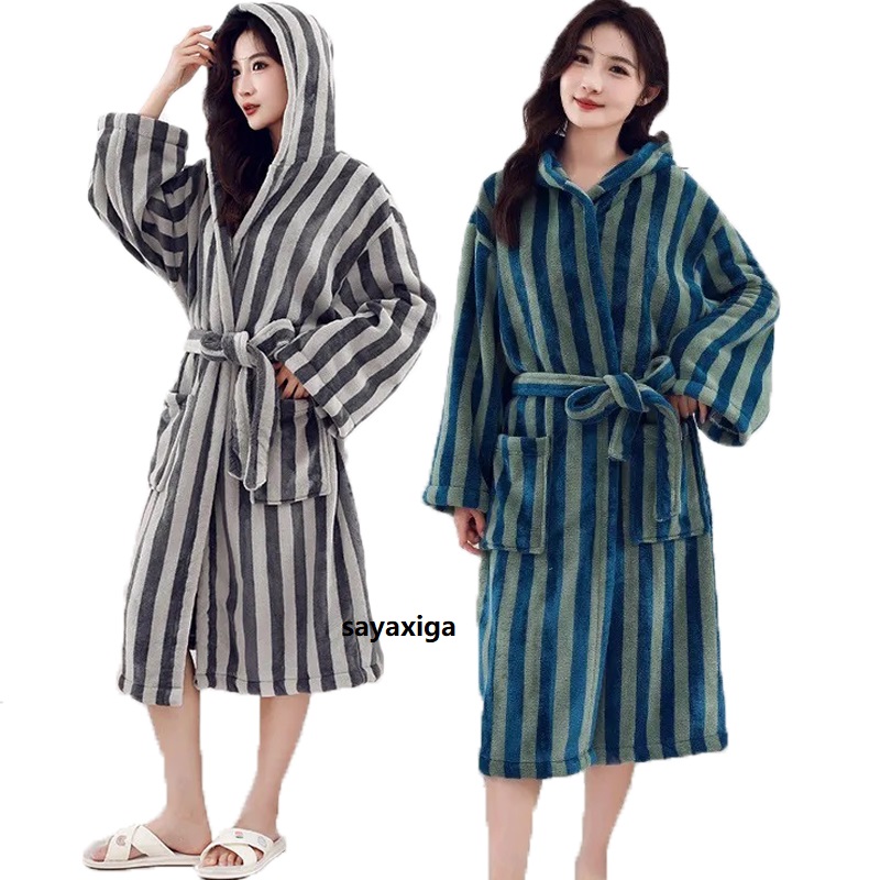 厚い女性暖かいバスローブ固体フード付き暖かいレディースフード付きドレッシングガウン長袖フランネルストライプバスローブ女性用パジャマ