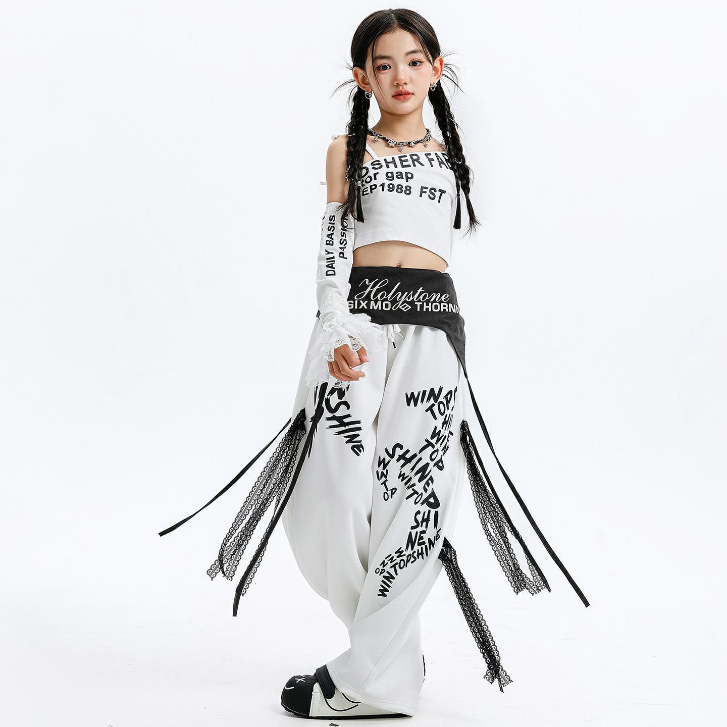 Kid Kpop Hip Hop Clothing White One Shoulder Crop Top T Shirt Street Letters Strap Sweat Pants for Girls Dance Costumes Clothes