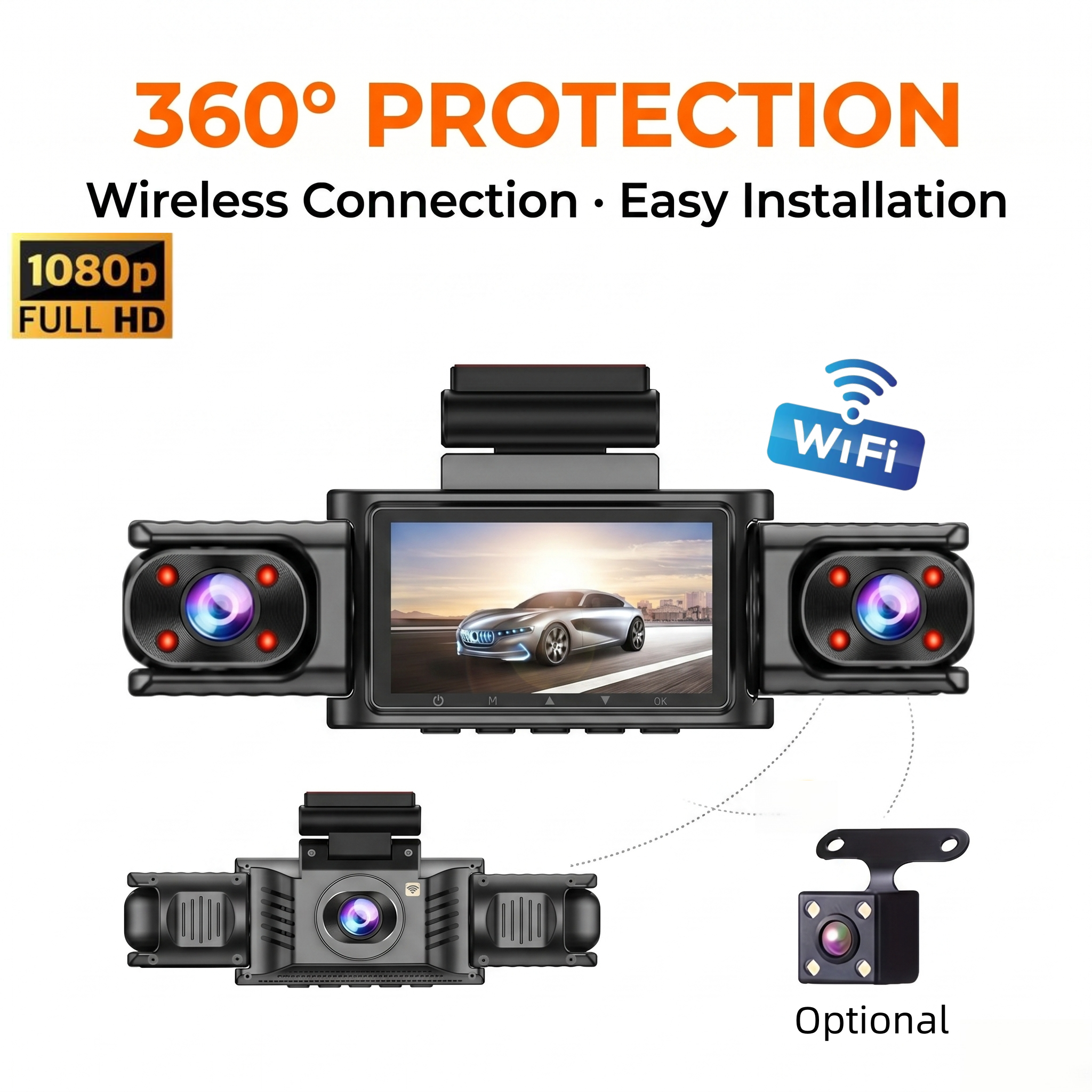 3/4 チャンネル WiFi ドライブレコーダー、24 時間駐車監視機能付き 360° パノラマ保護