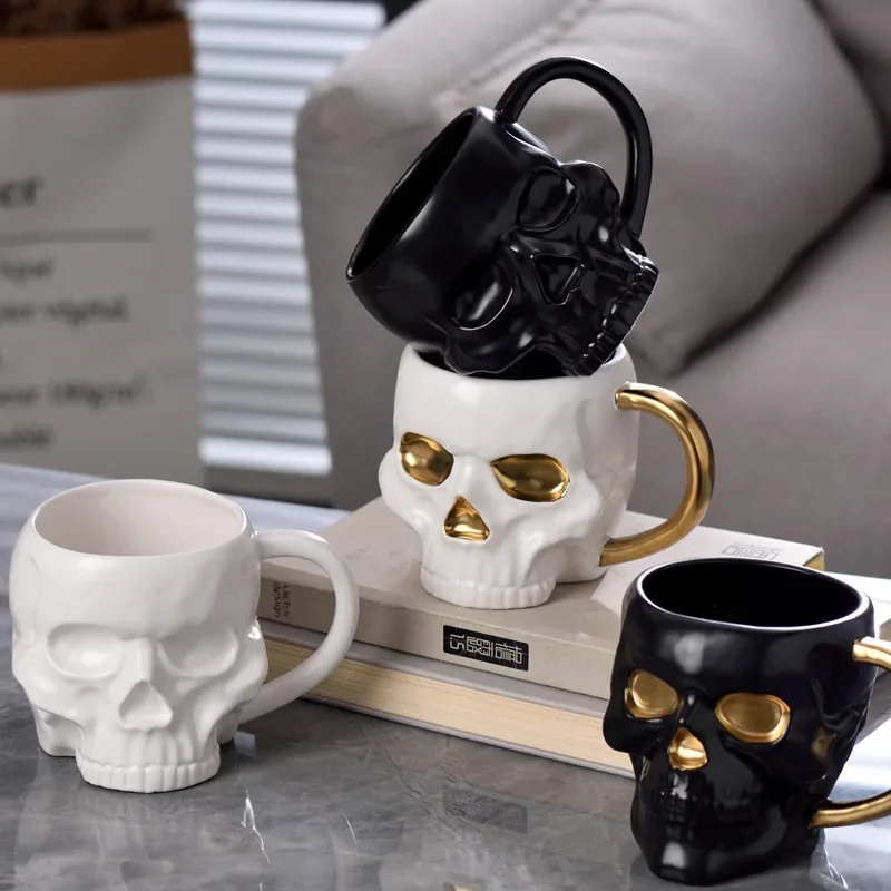 1Pc 580 ミリリットル 600 ミリリットル磁器白黒スカルコーヒーカップビールマグ箸置きジュースミルクセラミックスープボウルハロウィンギフト