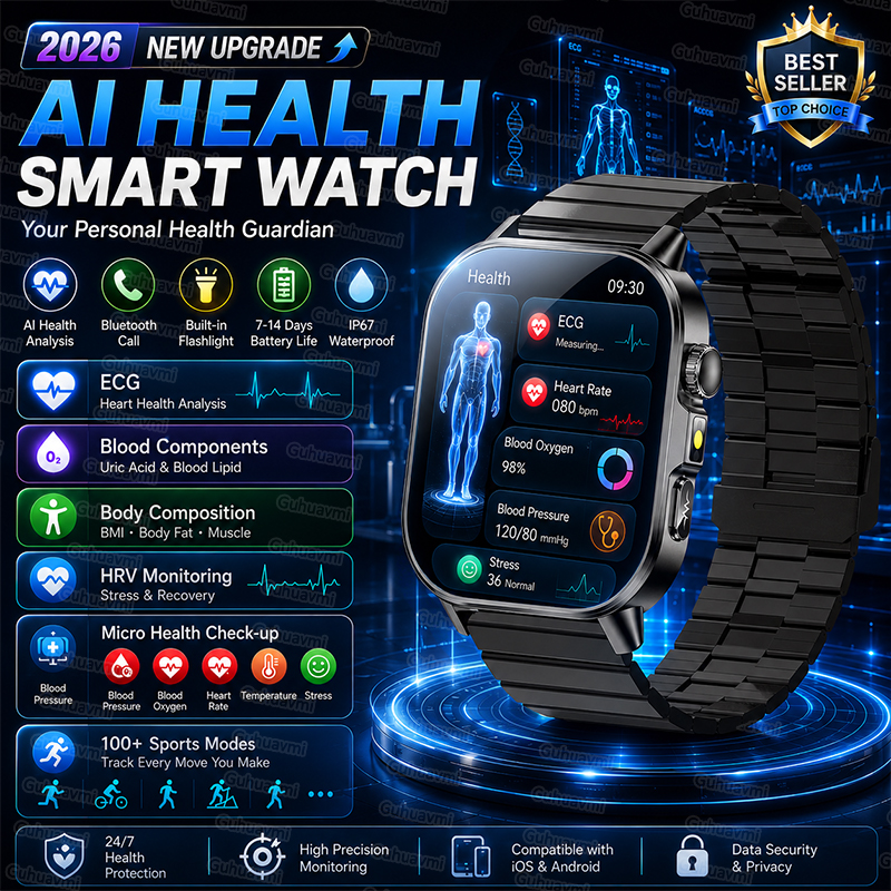 2026 新 ECG PPG スマート健康診断監視身体分析血圧脂質尿酸健康スマート腕時計男性のための
