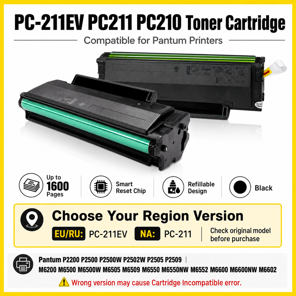 PC-211EV PC211 PC210 トナーカートリッジ Pantum P2200 P2500 P2500W M6500 M6500W M6550 M6600 M6600NW プリンタ用、詰め替え可能 1600 Pag