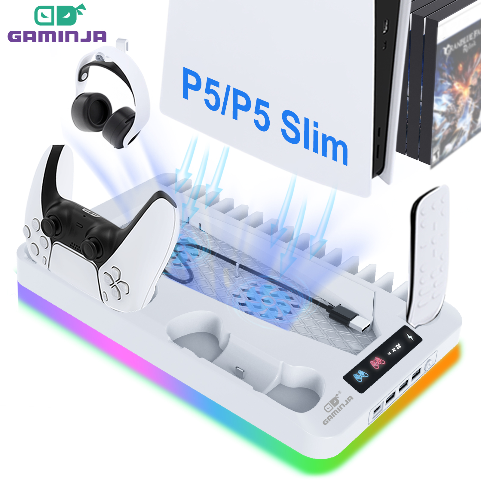 GAMINJA P58 RGB 冷却スタンド PS5 スリムコンソールゲームパッド充電ベースヘッドセットフックゲーム CD 収納ラック PS5 ディスク