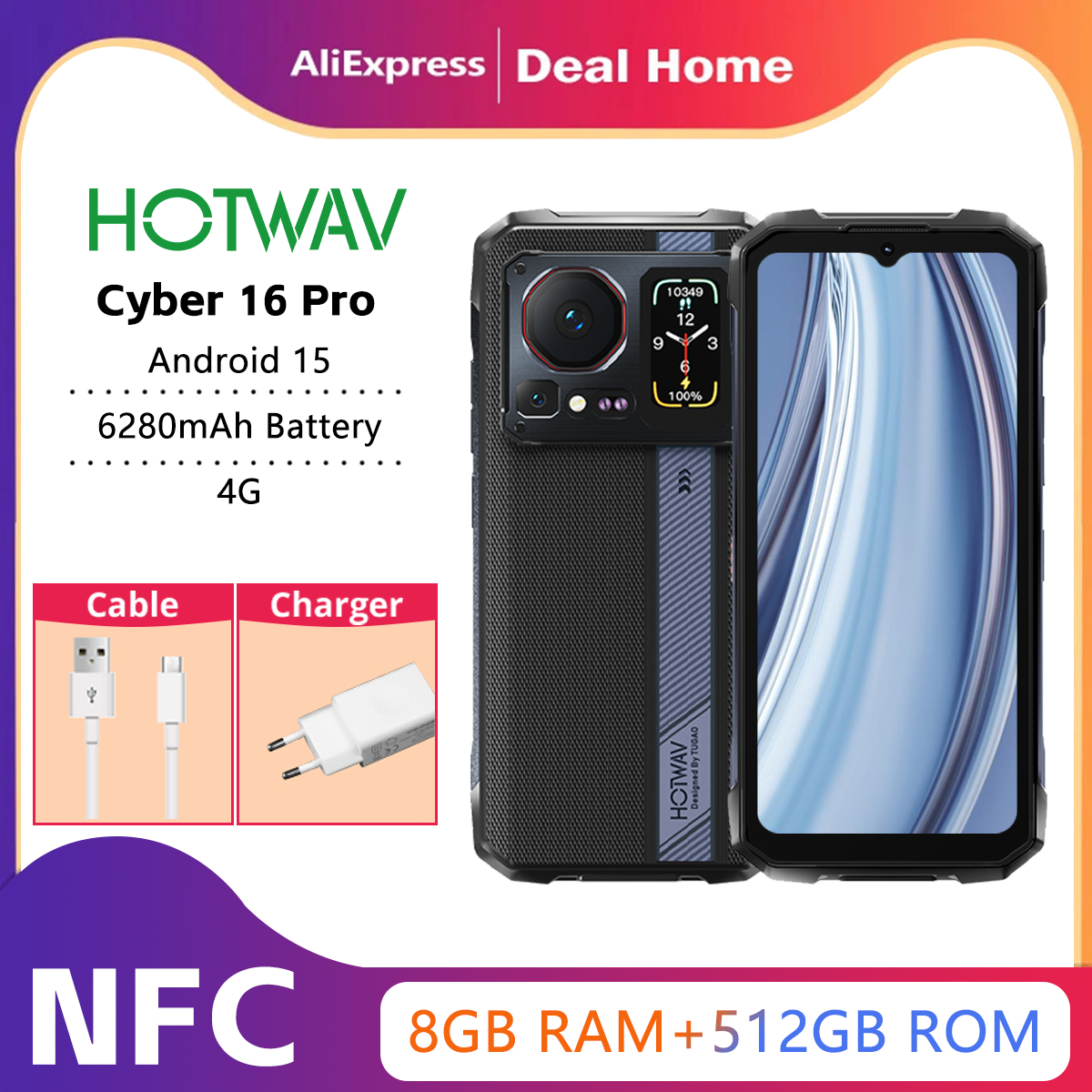 HOTWAV Cyber​​ 16 Pro 頑丈な電話 G100 108MP 携帯電話 6.6 ''FHD ディスプレイ 8GB 512GB 6280mAh 33W スマートフォン Android 15 携帯電話