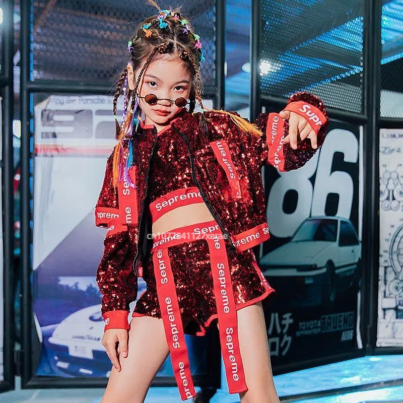 子供用ストリートダンスパフォーマンスコスチューム、ジャズダンススパンコール、ヒップホップストリートダンスパフォーマンスコスチューム、男の子と女の子用