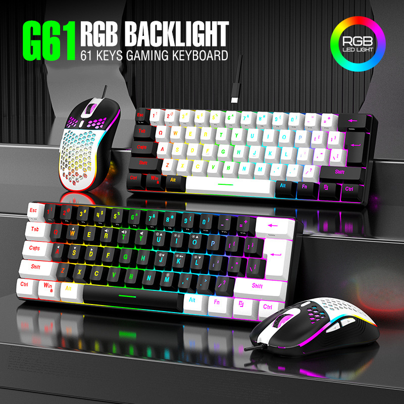 キーボードとマウスセット 60% RGB ゲーミングキーボードマウスコンボ PC キットゲーマーバックライト付きミニ 61 キーコンピュータ有線セットキーボード