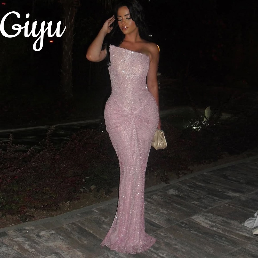 Giyu Elegant Pink Sparkly Lace Prom Dress Slanted Pleat Mermaid New Evening Dress Sleeveless Special Occasion فساتين سه