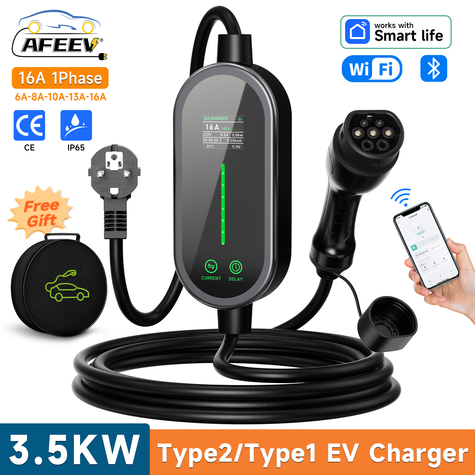 AFEEV Type2 ポータブル EV 充電器 3.5KW 16A Type1 電気自動車充電器 EVSE 高速充電ケーブルウォールボックス WiFi アプリ Bluetooth 制御