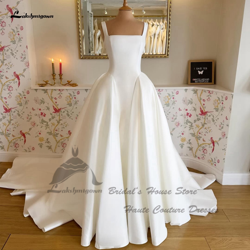 Lakshmigown ミカドサテンのウェディングドレス 2025 Vestidos エレガントなロング教会 Birdal ドレススクエアネックカスタマイズ