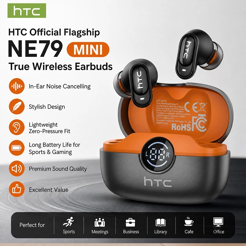 HTC NE79 リアルタイム翻訳イヤホン Bluetooth HiFi 音楽 HD 通話ノイズリダクションワイヤレスインナーイヤー型 LED ディスプレイマイク付き