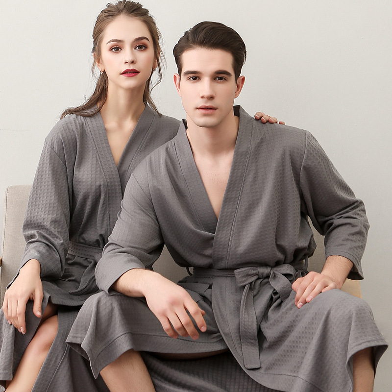 男性と女性のユニバーサルワッフル 7 スリーブ軽量ロングバスローブ、ホテル用、柔らかく通気性、カップルのホームウェア