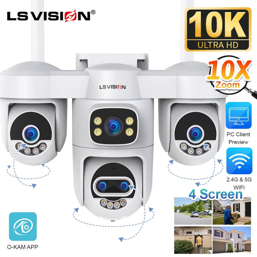 LS VISION 20MP 10X ズーム 4 画面 WiFi セキュリティカメラ屋外 5 レンズ 3 PTZ 自動追跡 CCTV カメラ PC クライアント対応