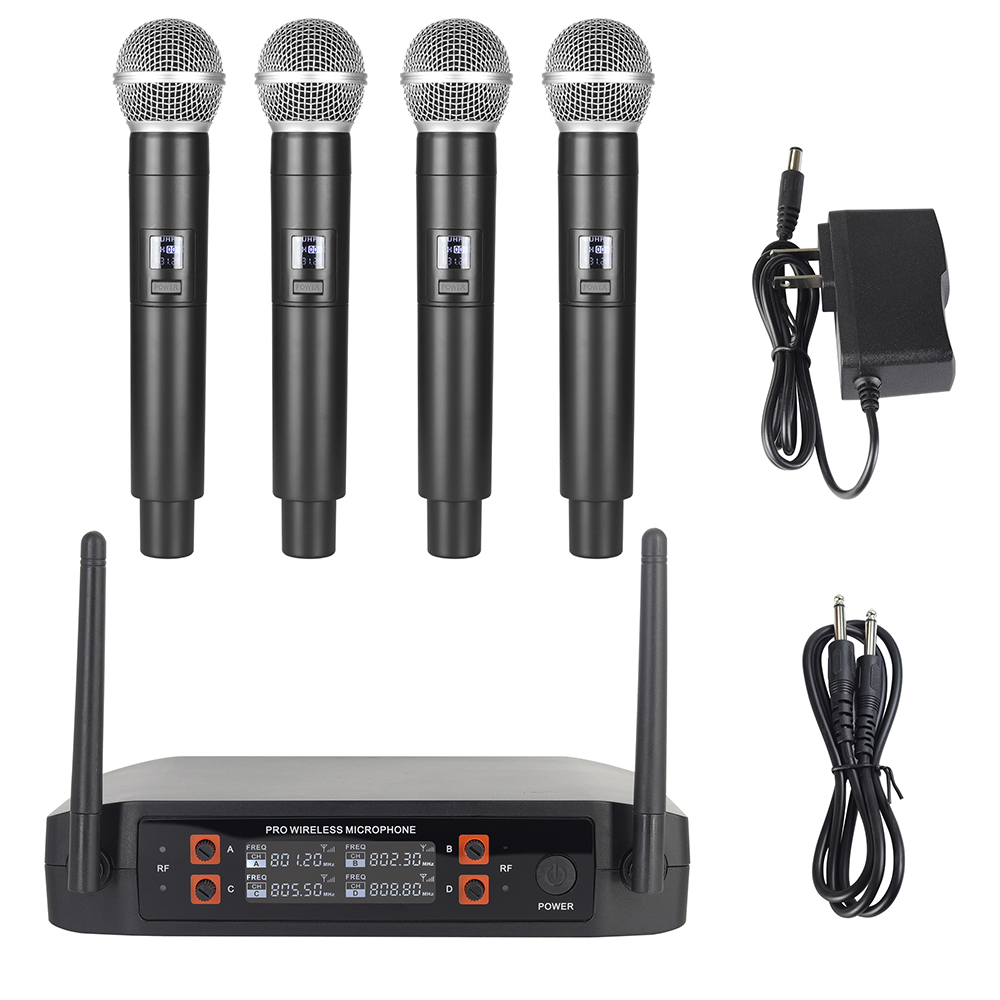 ワイヤレスマイクハンドヘルド 4 チャンネル UHF 固定周波数ダイナミックマイクカラオケウェディングパーティーバンド教会パフォーマンス