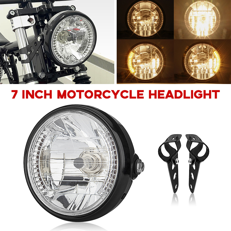 7インチオートバイヘッドライト7インチユニバーサル12V H4 35WラウンドオートバイイエローLEDヘッドライトブラックブラケット付きオートバイアクセサリー