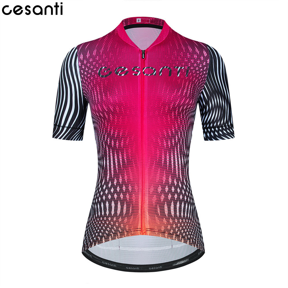 CESANTI 女性サイクリングジャージ半袖プロバイク服通気性フルジッパー女性 MTB ノンスリップバンド着用