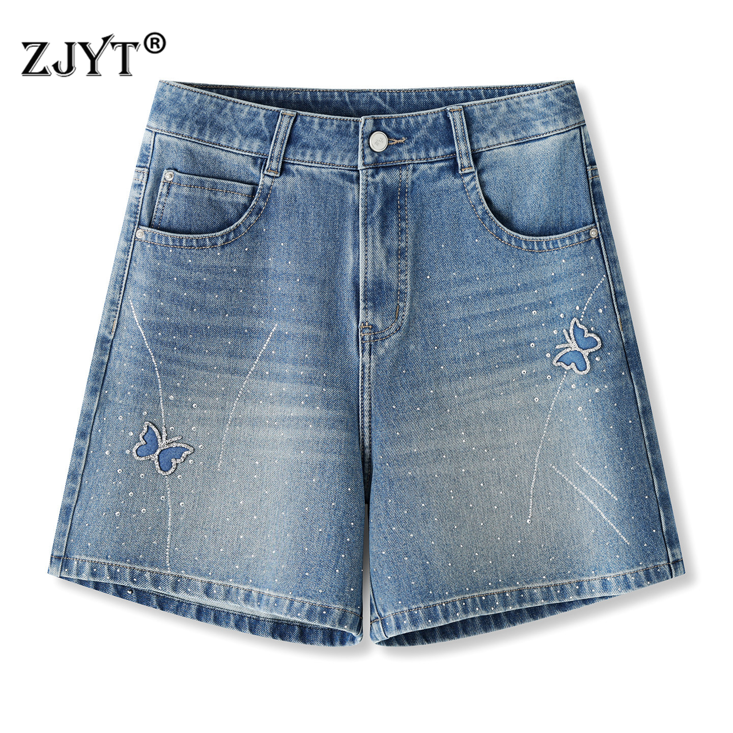 ZJYT 女性のデニムショーツ夏新 2026 ハイストリートファッションダイヤモンドジーンズカジュアルミニショーツ女性ボトムスブルー