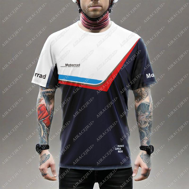 オートバイ Motorrad レーシング Tシャツ スポーツ BMW ストリート トラベル メンズ ホワイト ダークブルー 夏 速乾性 通気性 色褪せないジャージ