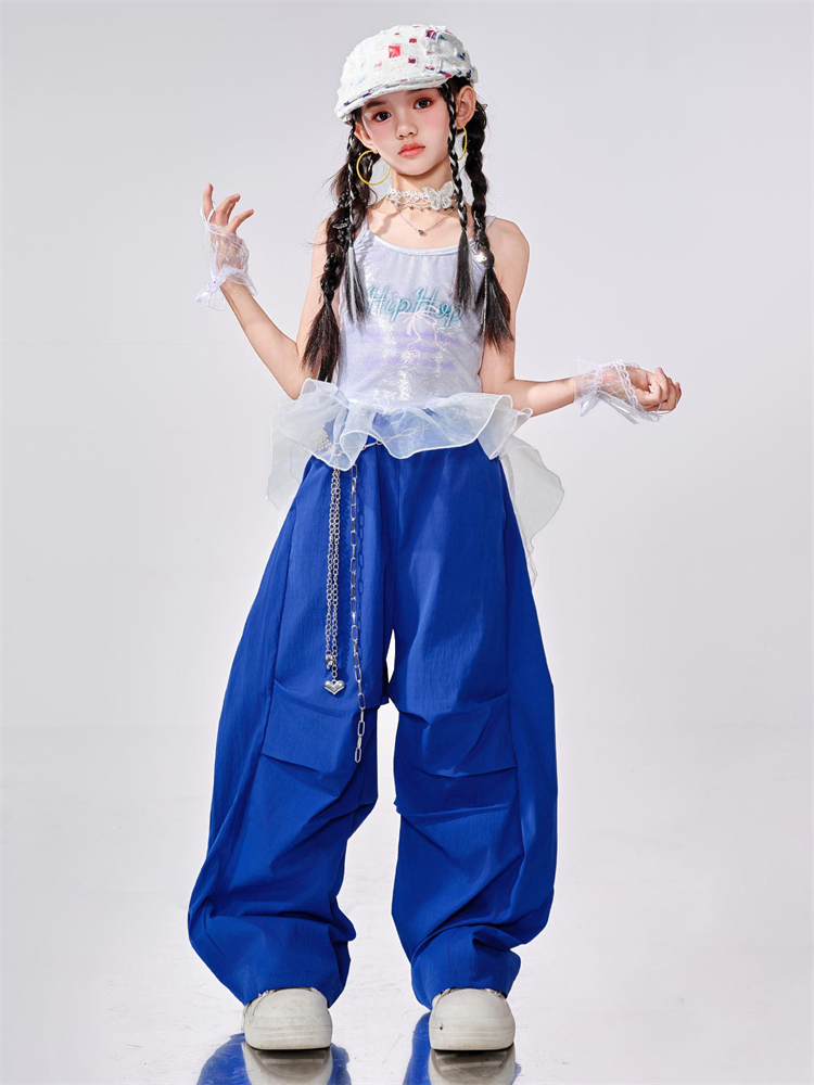 トレンドガールズストリートウェアヒップホップダンス服ジャズダンストップスブルーパンツステージパフォーマンス衣装夏子供スーツ