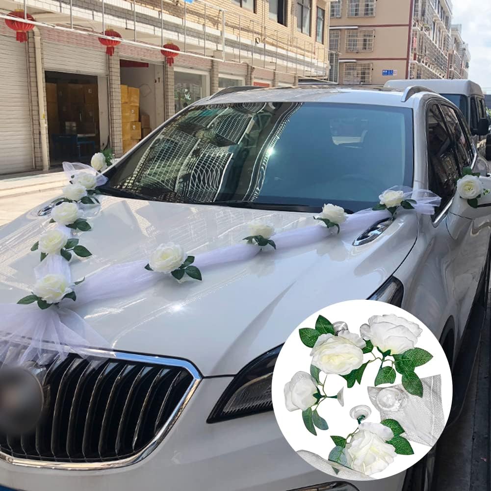 ホワイトローズ造花結婚式の車の装飾ブライダルカーの装飾ドアハンドルリボンシルクフラワー