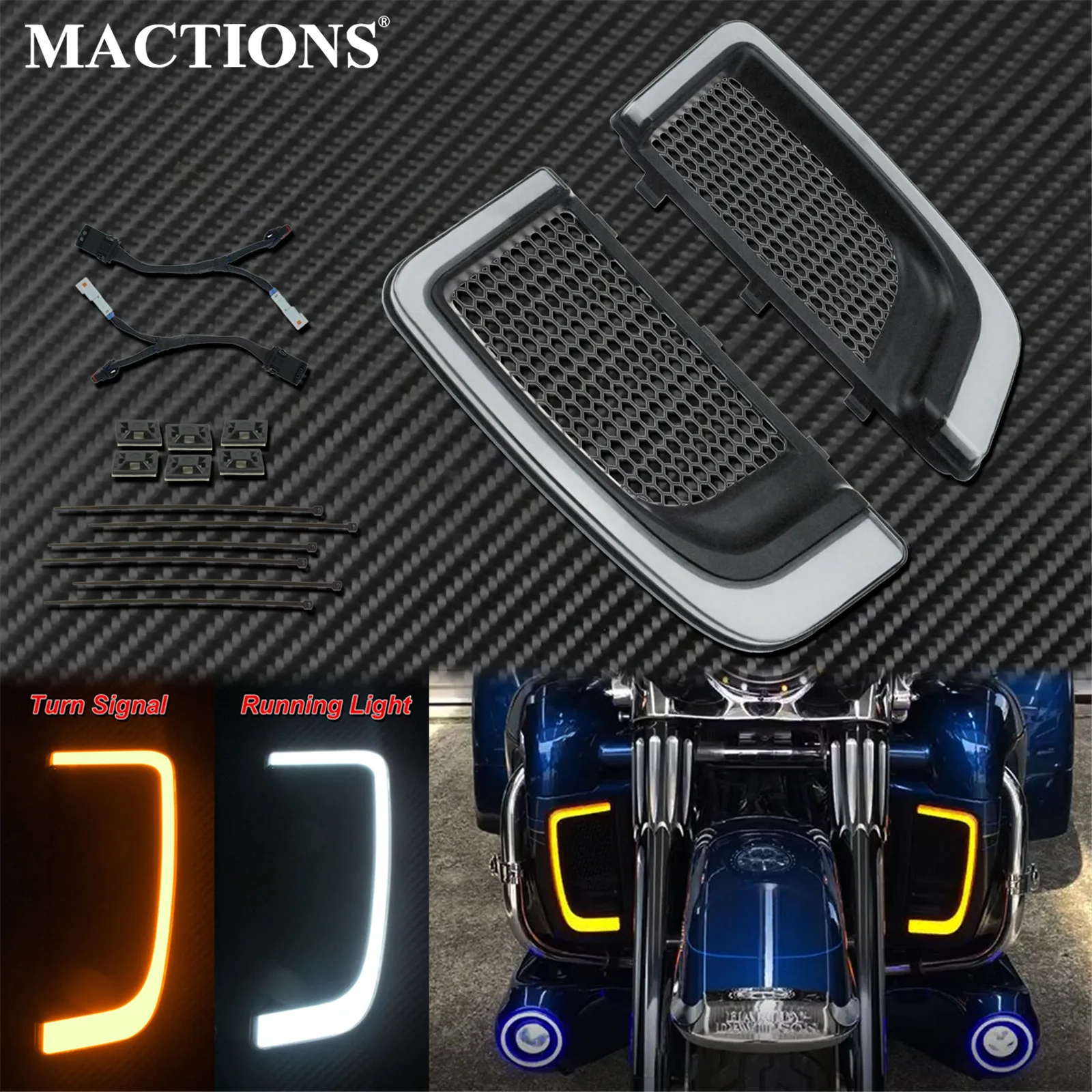 オートバイ LED ウインカーランニングフェアリング下部グリルライトブラックハーレーツーリングトライロードストリートエレクトラグライド FLHTCU