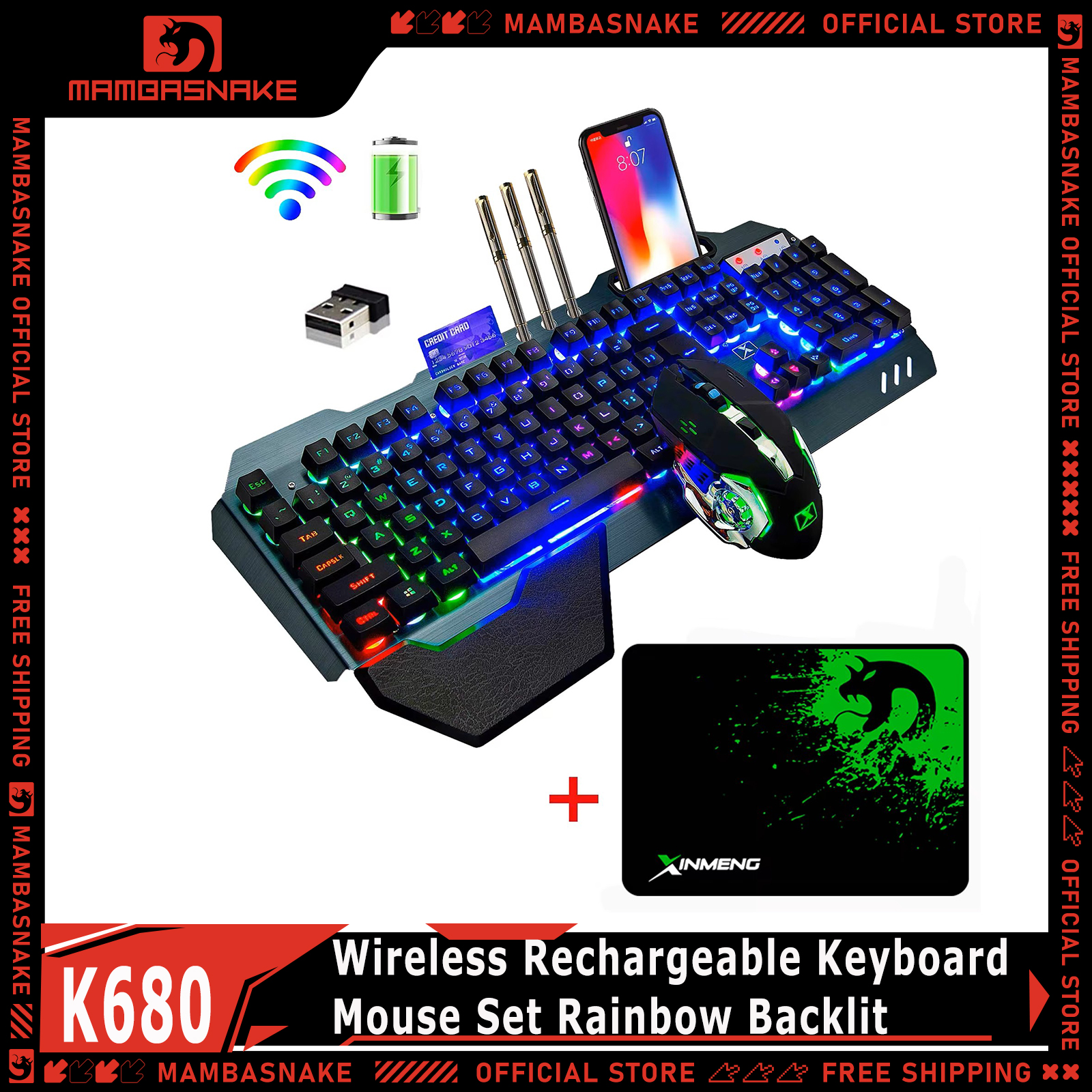 MAMBASNAKE K680 ワイヤレス充電式キーボードマウスセット 3800mAh 大容量レインボーバックライト付きラップトップ Pc PS4 PS5 Xbox