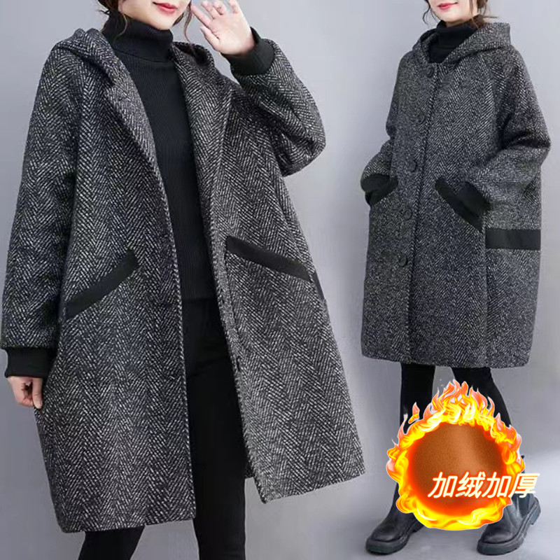6XL 7XL 大サイズの女性のウインドブレーカー秋冬厚いぬいぐるみ暖かいコート韓国ルーズフード付きロングウールオーバーコート女性カーディガン
