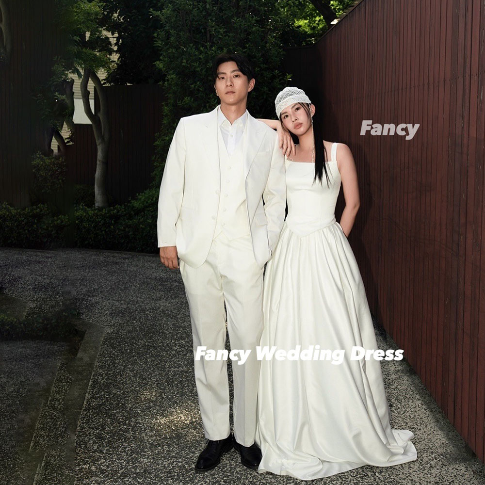 ファンシー高品質ソフトサテンのウェディングドレス韓国写真撮影スクエアネックノースリーブイブニングドレスバックコルセットカスタマイズ