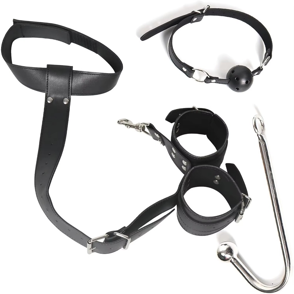 2 in 1 レザーセックスボンデージセット BDSM アナルフック ボールギャグ付き アナルトレーナー ロールプレイ バットプラグ フェチ スレーブ 大人のおもちゃ 女性用 男性用