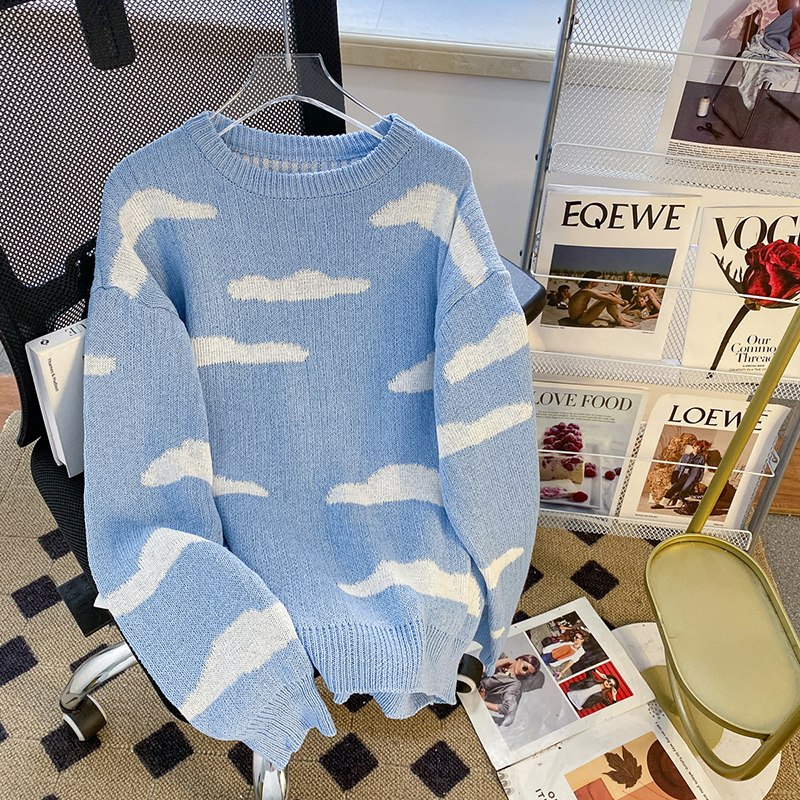 怠惰なスタイル雲プリントメンズ長袖セーター日本スタイルファッション原宿シンプルな特大ニットカップル服ブルーネイビー