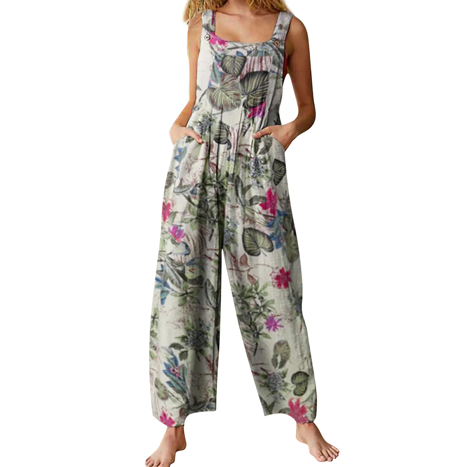 Women Plus Sizes Jumpsuit Leaf Floral Print Square Neck Sleeveless Fashion Casual Overalls with Pockets