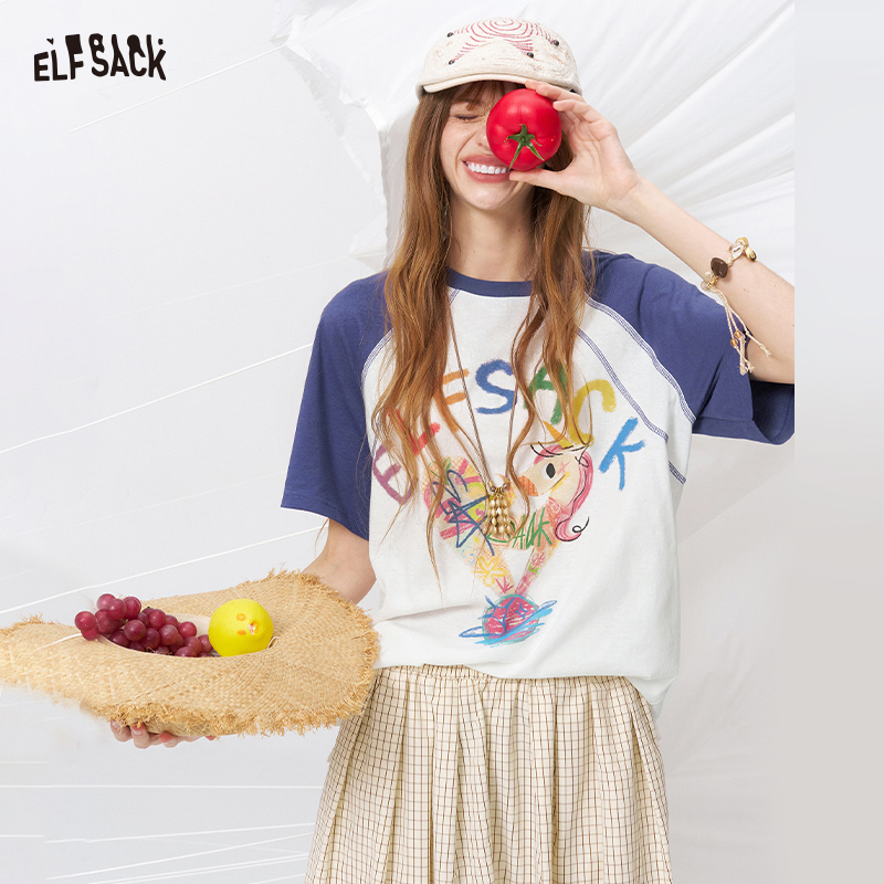ELFSACK かわいいユニコーンプリントラグラン T シャツ、特大カラフルなグラフィティ半袖 T シャツ、夏のストリートウェアのための甘いカジュアルトップス