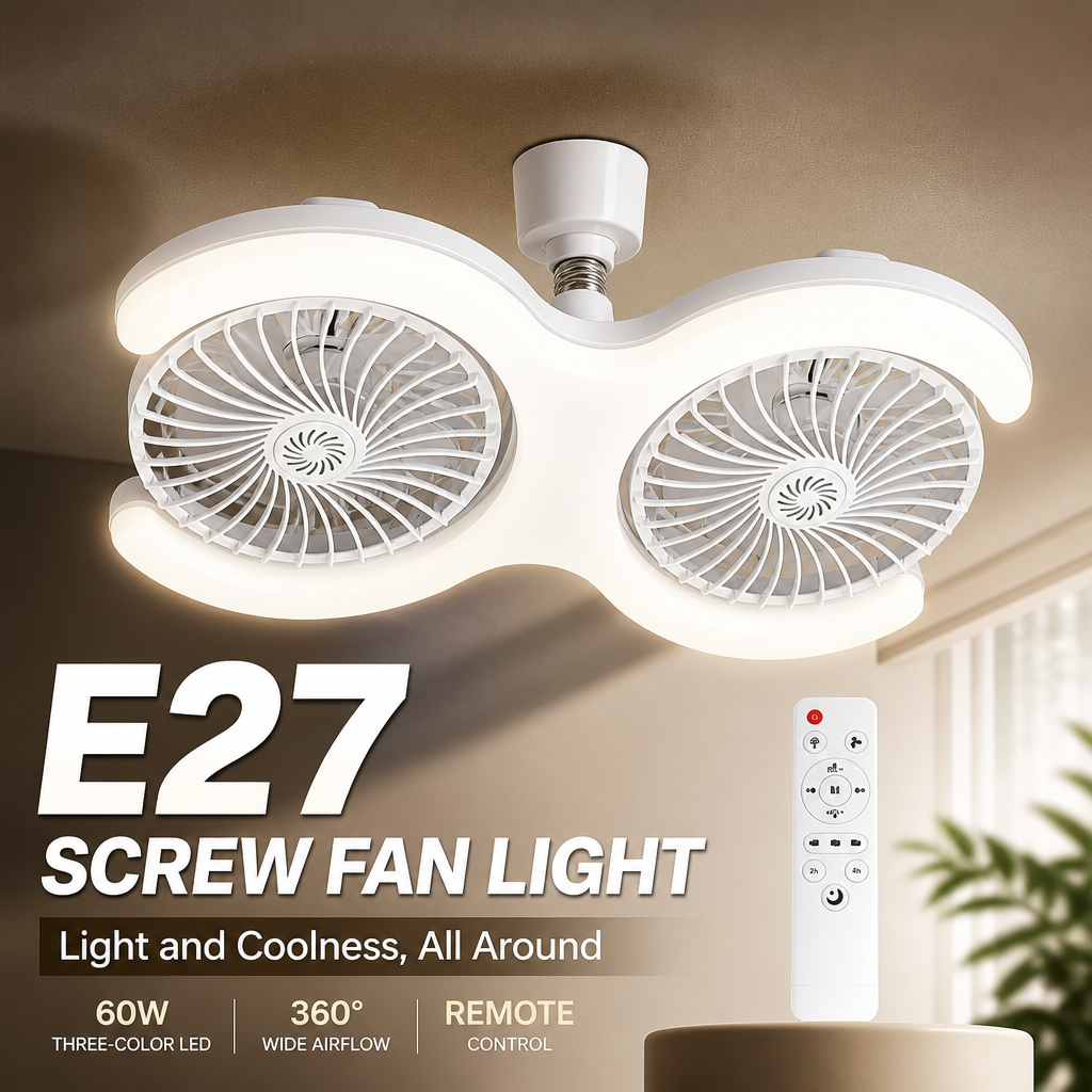ダブルヘッド E27 シーリングファンライト リモコン付き 角度調整可能、静音設計、寝室やリビングルームに最適