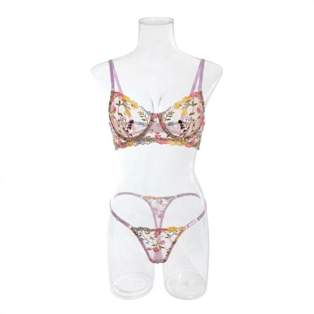2-Piece Floral Lingerie Set Embroidery Versatile Underwear Intimates Sheer Underwire Push-up Bra Panty Set For Lady Girl