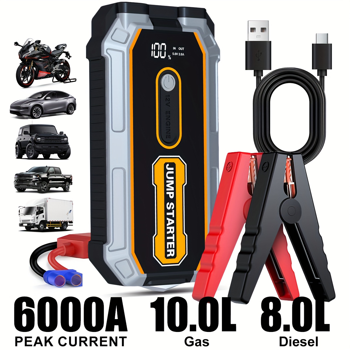 6000A Peak オールインワン高耐久ジャンプスターター (USB ポート付き)