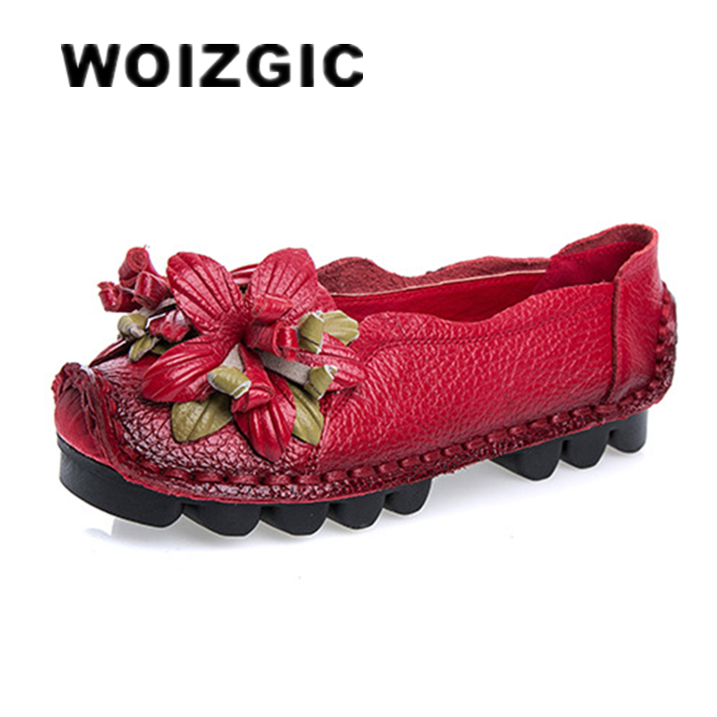 WOIZGIC 女性女性母レディース本革靴フラットローファーノンスリップ花レトロモカシンプラスサイズ 41 42