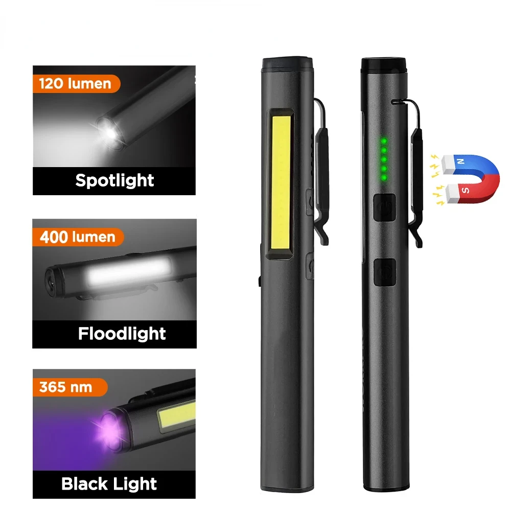 多機能 4 で 1 LED 懐中電灯ミニ USB 充電式 800mah ペンクリップ懐中電灯 365nm UV ライト COB キャンプ作業修理