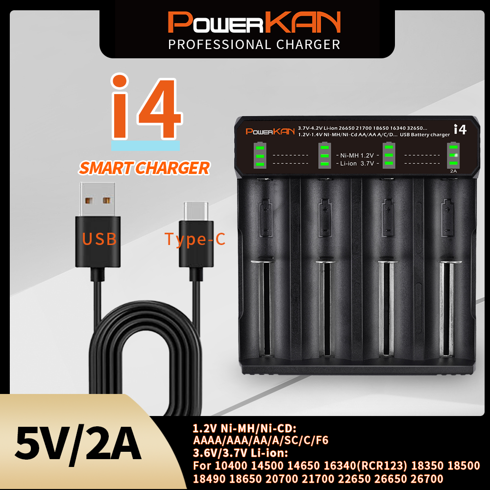 POWERKAN I4 バッテリー充電器 LED ディスプレイ付き 3.7V リチウムイオン 18650 26650 21700 バッテリー 4 個および 1.2V ニッケル水素 AA AAA バッテリー用