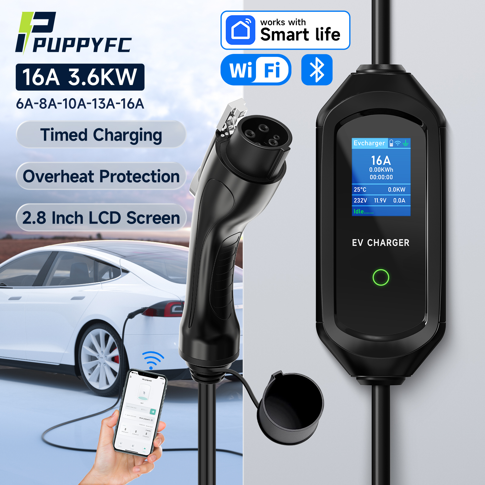 Puppyfc Type1 ポータブル EV 充電器 Type2/GBT 電気自動車 3.6KW 充電ケーブル EU プラグ WiFi Bluetooth APP 制御