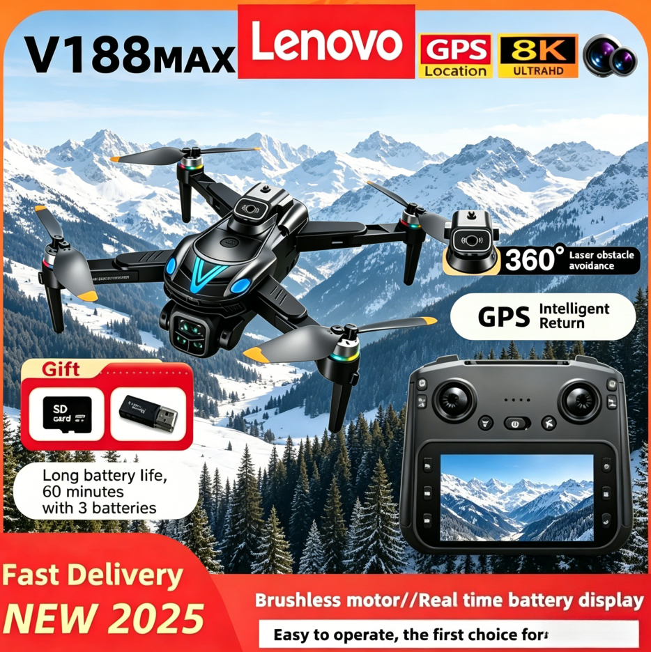 Lenovo V188MAX GPS 8K ドローン プロフェッショナルカメラ 空中 FPV ブラシ 障害物回避 スクリーンリモコン付き 折りたたみドローン