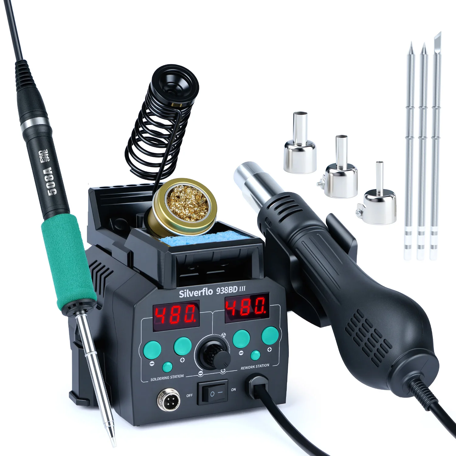 Silverflo t12 はんだ付けステーション 700W ヒートステーション リワークステーション 938BD-III 熱風溶接ステーション BGA SMD 用 3 チップ付き