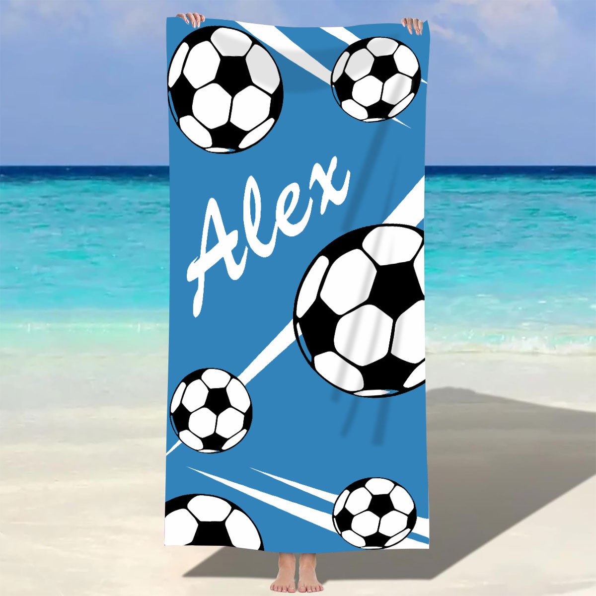 Personalized Soccer Beach Towel Football Pattern Quick Dry Soft Absorbent Summer Pool Sea Vacation Sporty Gift for Boys & Girls