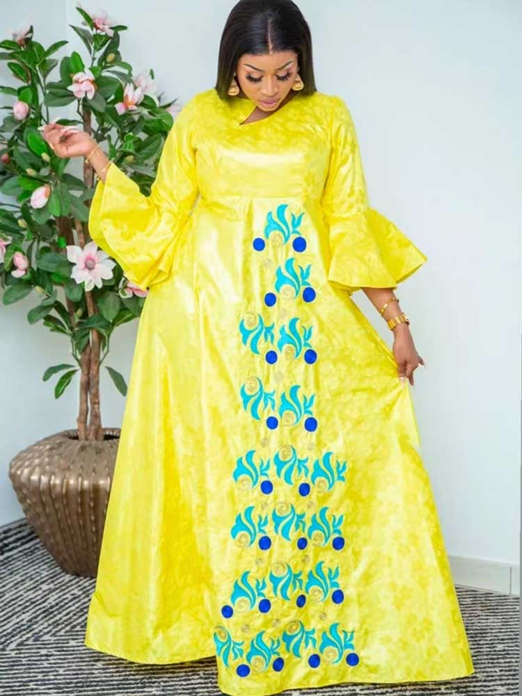 黄色のバザンリッシュロングドレスアフリカの結婚式の女性のイブニングドレス最高品質のバザンリッシュ Dashiki ローブプリントスタイル
