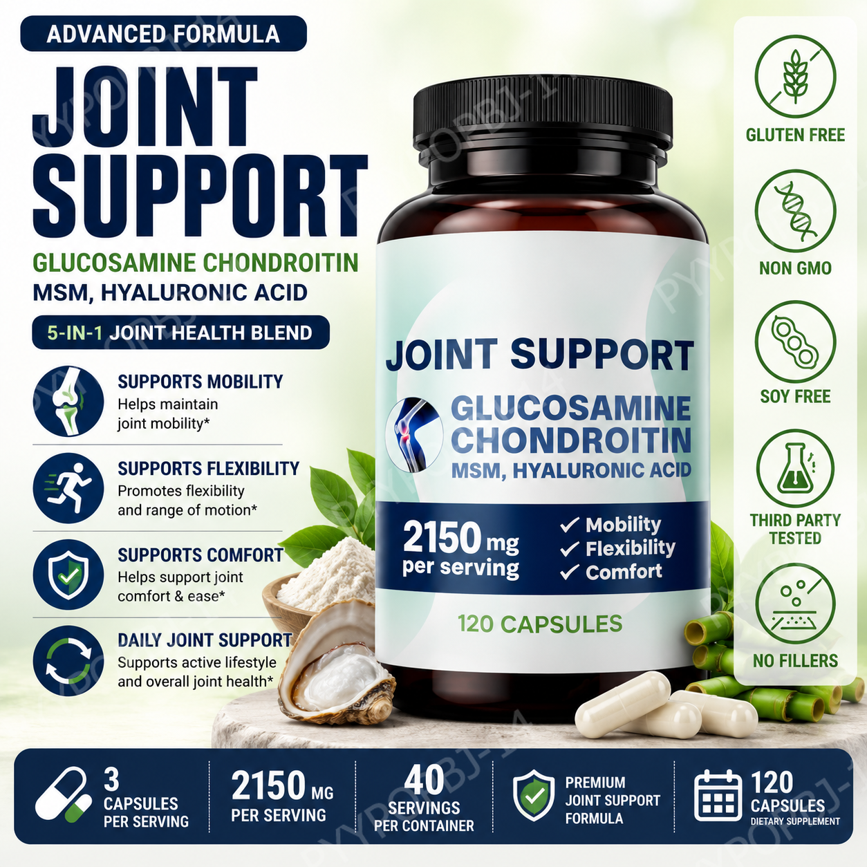 関節サポート サプリメント グルコサミン コンドロイチン MSM ヒアルロン酸 2150mg モビリティ 柔軟性 毎日の快適サポート 120 カウント