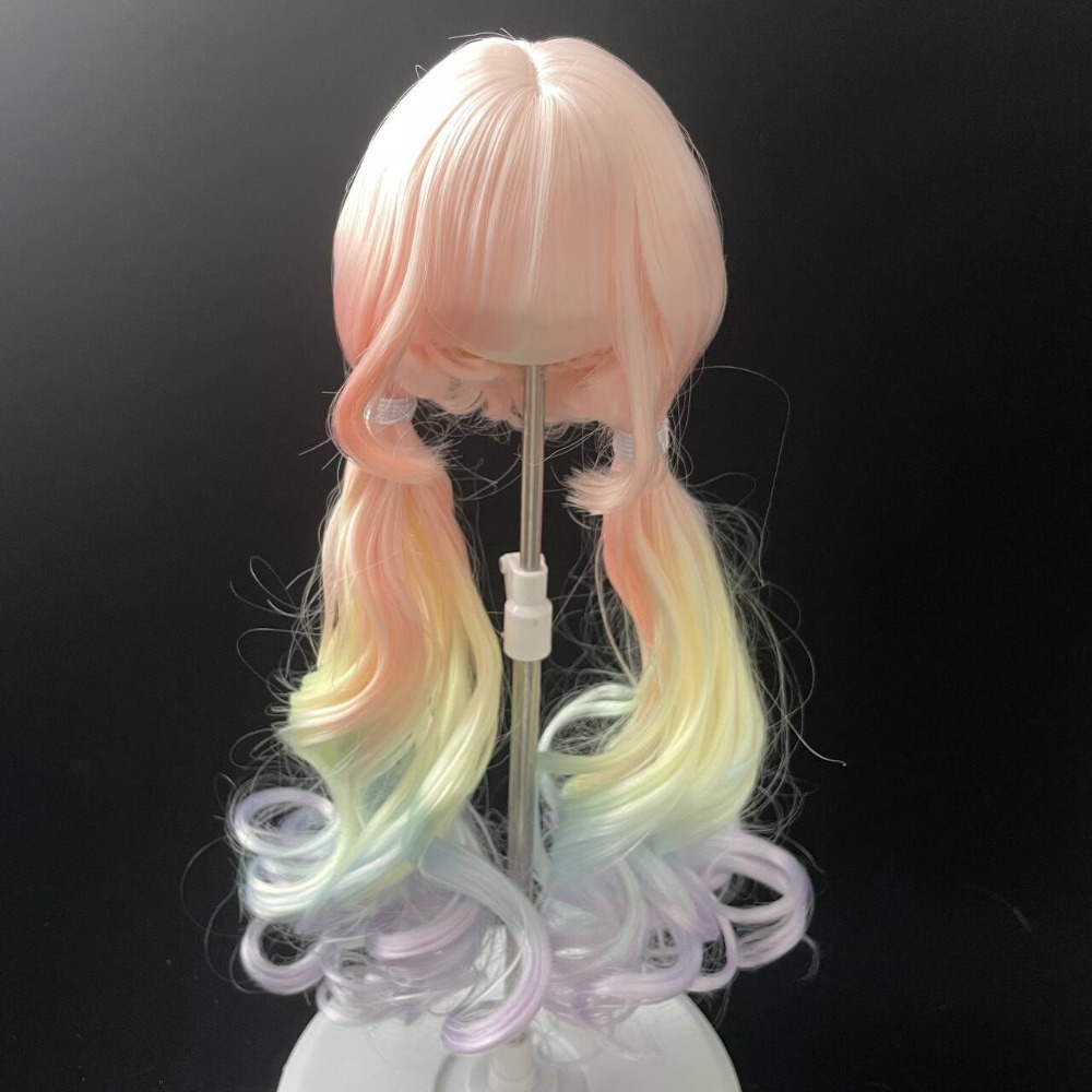 レインボーオンブル高温ファイバー 1/3 1/4 1/6 BJD 人形かつらかわいいダブルポニーテールウェーブのかかった髪人形アクセサリーおもちゃ